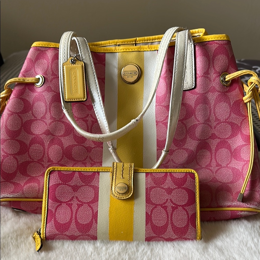 Coach Pink and Yellow Shoulder Bag with Signature Pattern